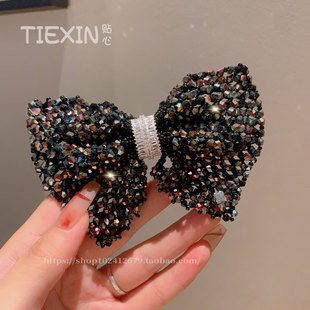 韩国重工水晶串珠蝴蝶结发夹高级感千金大小姐精致气质法式弹夹女