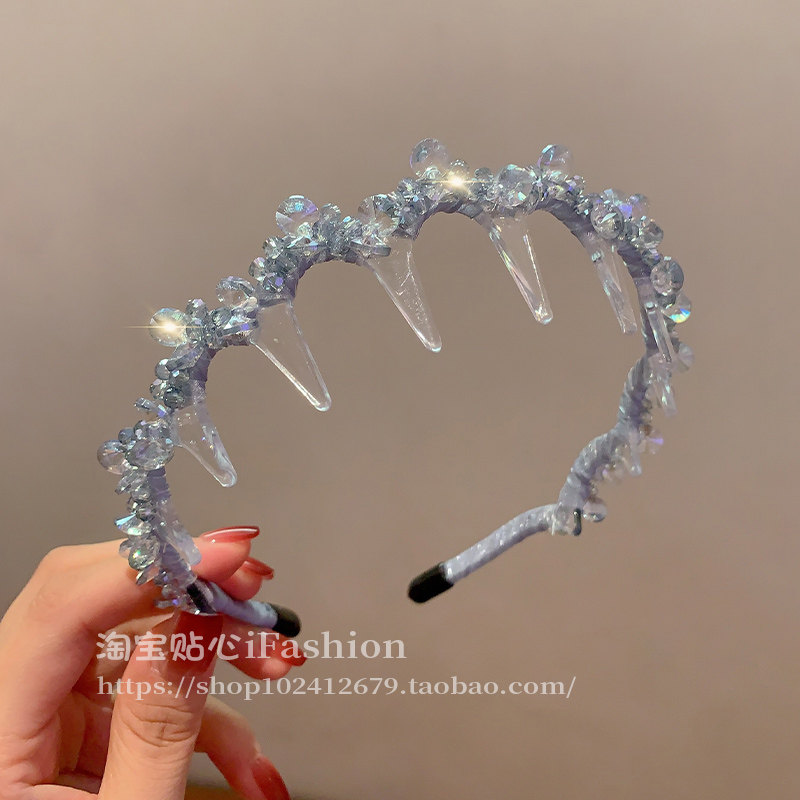 韩国满钻蓝色水晶发箍气质高颅顶头带齿碎发整理带齿防滑发卡发捆