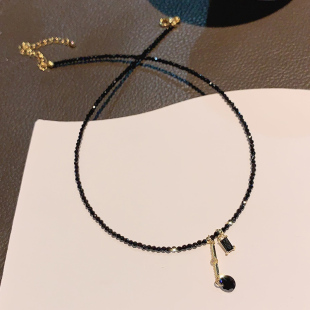 日韩天然水晶流苏颈链气质法式黑晶石项链小众设计感串珠锁骨链女