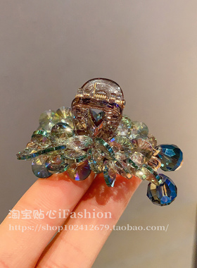 复古闪钻绿色水晶抓夹半扎小号精致发抓发夹后脑勺盘发韩国发饰品