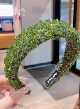 新款简约绿色闪钻高颅顶外带发箍
