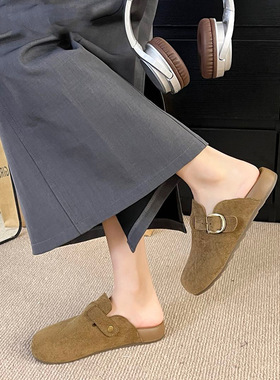 黄色复古厚底增高包头拖鞋女秋外穿2026配裙子百搭半拖勃肯鞋K688