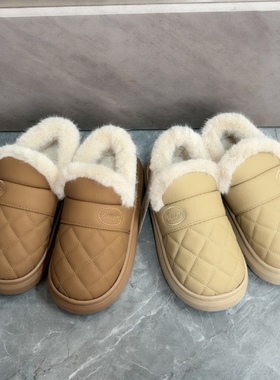 兴欢加厚保暖棉拖鞋皮面PU防水防滑全包跟棉鞋男女情侣款外穿8502