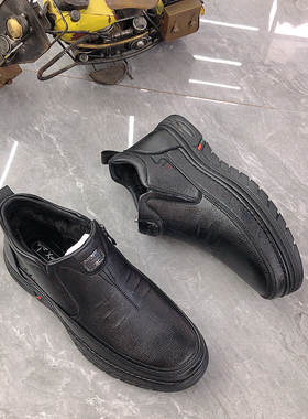 意红真皮男鞋2025冬季新款加绒保暖棉鞋拉链男士休闲运动鞋43132