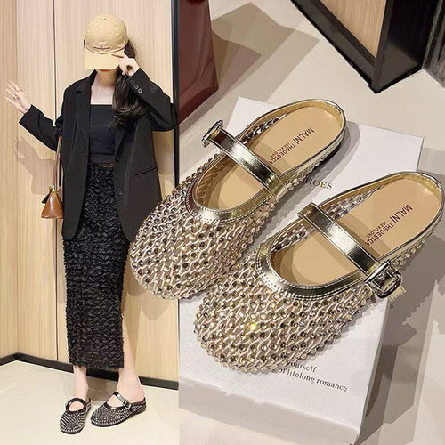 复古方头单鞋2026夏季百搭浅口温柔气质法式水钻网面玛丽珍鞋Q06