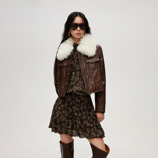 绫致ONLY2025冬季新款复古摩登羊皮直筒短款真皮皮衣女