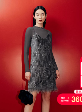 vq区绫致Vero Moda连衣裙25丝绒质感亮片羽毛真两件连衣裙