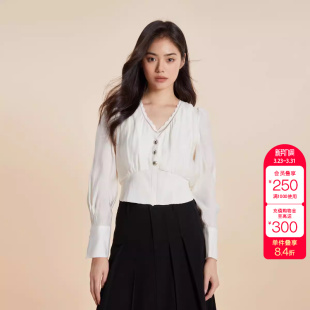 潮 女时尚 绫致ONLY春夏新气质质感V领泡泡袖 假两件雪纺衫