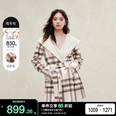 绫致ONLY2023秋冬季新款时尚收腰100%绵羊毛连帽毛呢大衣女