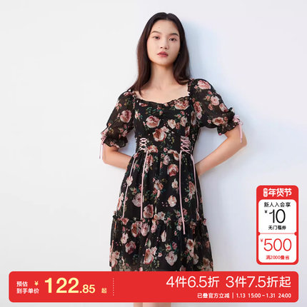 t区绫致Vero Moda连衣裙花朵波点植绒绑带木耳边泡泡袖时尚