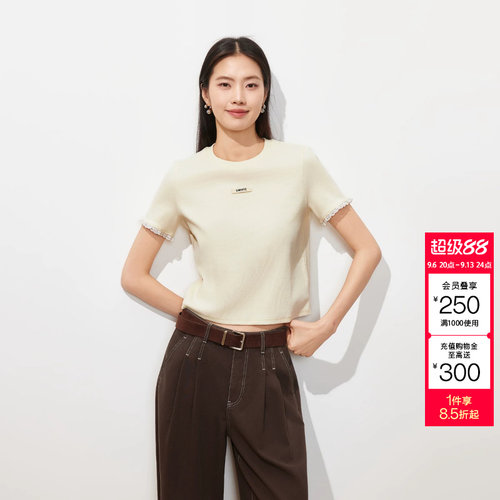 绫致Vero ModaT恤女2026夏季蕾丝袖口胸前字母标饰圆领上衣