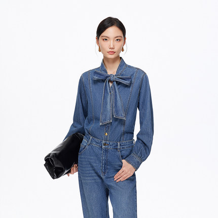 绫致Vero Moda衬衫25秋冬纯棉蝴蝶结系带复古百搭牛仔衬衫
