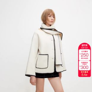 绫致ONLY秋季 通勤风撞色含绵羊毛双面呢毛呢大衣女 新款