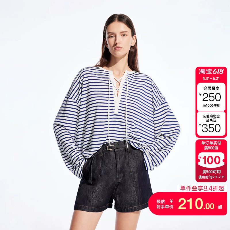 绫致ONLY2026春季新款绑带设计宽松落肩条纹长袖T恤女
