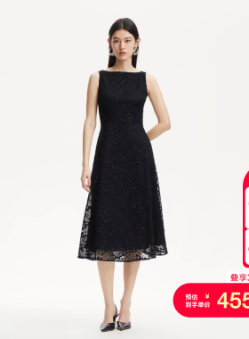 vq区绫致Vero Moda连衣裙25夏季圆领亮片蕾丝花朵内里加衬A字裙