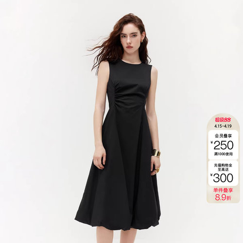 绫致ONLY2026夏季新款优雅圆领捏褶花苞连衣裙无袖裙子女