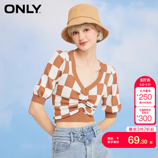 女时尚 针织衫 格子抽绳短款 tq区绫致ONLY春夏小心机V领薄款