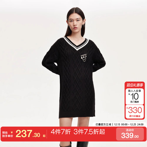 tq区绫致VeroModa针织连衣裙秋冬V领中长裙学院风钩花胸针