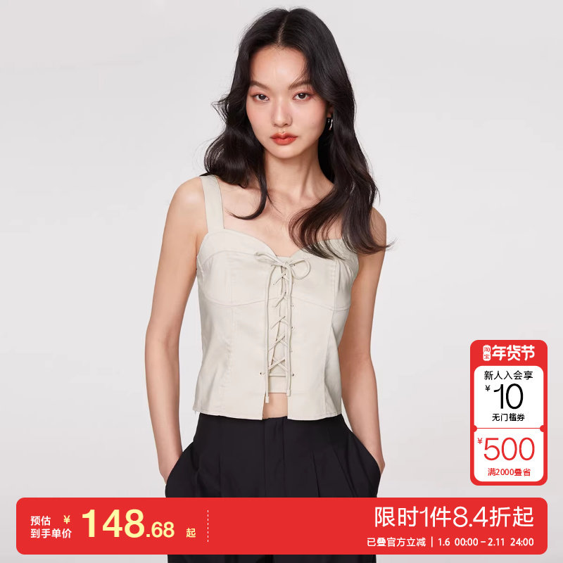 oq区绫致ONLY2025春夏时尚辣妹修身绑带短款吊带T恤女士潮上衣