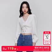 女时尚 雪纺衫 收腰短款 绫致ONLY25春夏新温柔气质V领泡泡袖