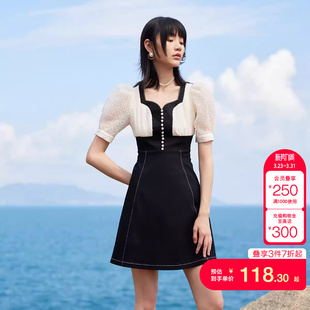 潮 时尚 tq区绫致Vero Moda连衣裙春夏牛仔肌理感拼接泡泡袖