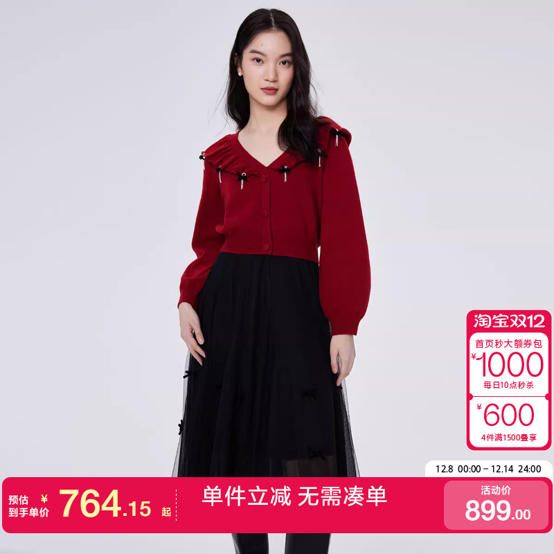 绫致Vero Moda连衣裙秋冬v领蝴蝶结针织衫吊带网纱裙真两件