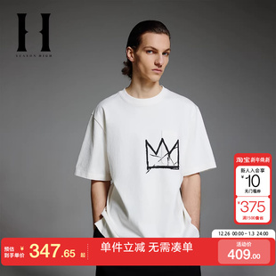 男装 短袖 宽松罗纹圆领纯棉字母涂鸦开衩T恤 夏季 绫致BSQ联名款