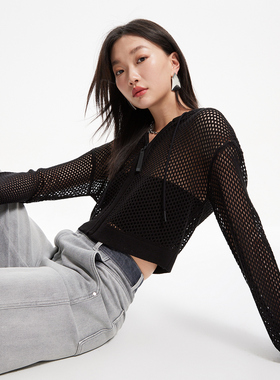 vq区绫致Couture Made针织衫女春夏镂空连帽开衫外套