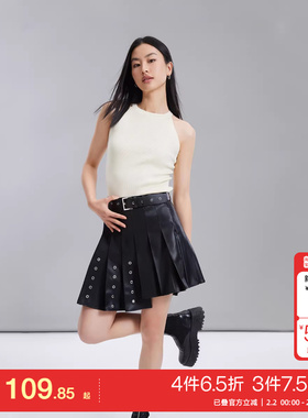 t区Vero Moda半裙25春夏高街黑色PU百褶A字高腰短裙女