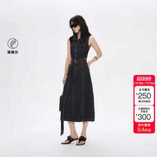 绫致ONLY夏季新款翻领无袖露腰高腰中裙牛仔连衣裙女