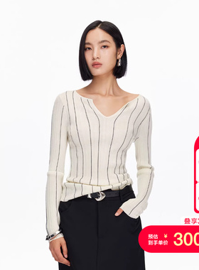 vq区绫致Vero Moda针织衫25秋冬含绵羊毛撞色条纹修身V领上衣通勤