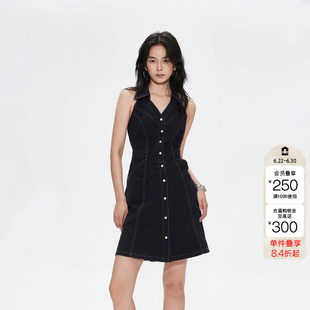 绫致ONLY夏季新款V字翻领挂脖高腰露背牛仔连衣裙女