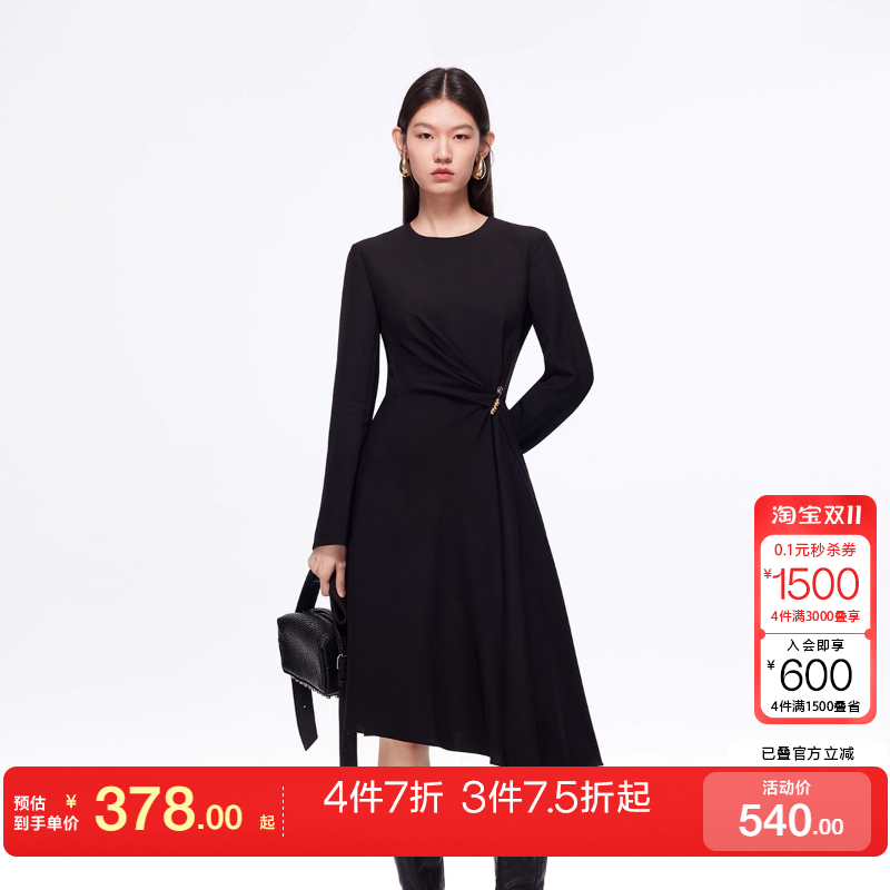 m区绫致Vero Moda连衣裙25秋冬金属装饰收腰显瘦不规则裙摆小黑裙