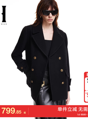 绫致SEASON HIGH冬舒适百搭时尚出街简约黑色毛呢大衣外套女