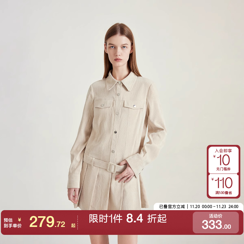 绫致ONLY秋冬新工装风翻领百褶短裙衬衫连衣裙女时尚潮