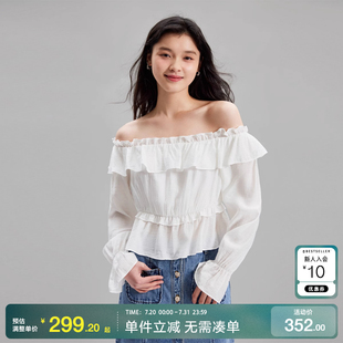 Moda上衣女25春夏新甜美优雅松紧荷叶边大圆领一字领 绫致Vero