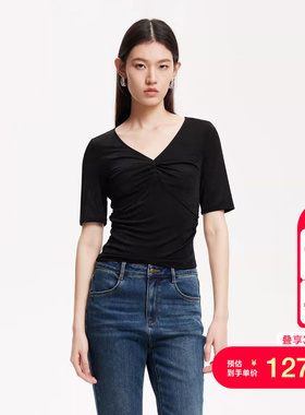 vq区绫致Vero ModaT恤女25夏季光泽面料褶皱V领五分袖上衣精致