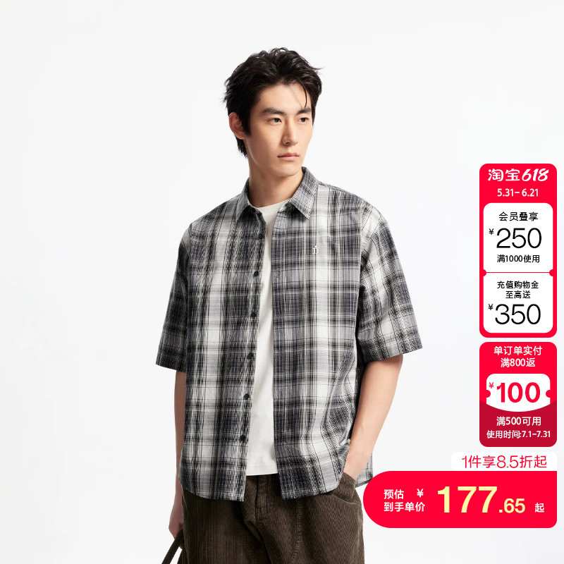 绫致杰克琼斯男夏百搭时尚刺绣撞色格纹尖领宽松休闲短袖衬衫