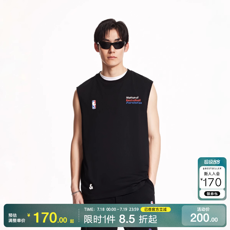 绫致杰克琼斯NBA联名款夏季新撞色字母纯棉舒适无袖宽松背心T恤男