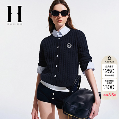 绫致SEASONHIGH秋女针织衫圆领修身罗纹单侧纽扣门襟上衣女