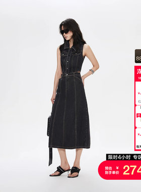 绫致ONLY秋冬新款翻领无袖露腰高腰中裙牛仔连衣裙女