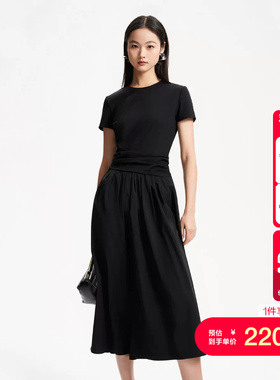 t区绫致Couture Made连衣裙秋冬新圆领短袖褶皱长裙通勤