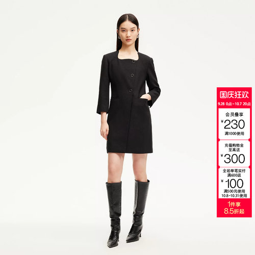 t区绫致CoutureMade连衣裙女秋冬新款方领垫肩西装裙七分袖