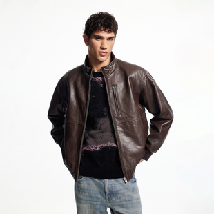t区绫致杰克琼斯男秋夹克羊皮革插袋长袖 上衣 宽松立领经典