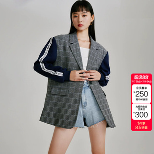 tq区绫致Vero Moda西装外套女春夏宽松格纹拼接一粒扣夹克时尚