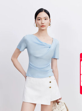 绫致Vero ModaT恤女26夏季新款不对称领口压褶短袖上衣百搭