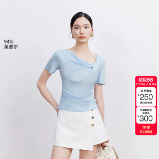 绫致Vero ModaT恤女26夏季新款不对称领口压褶短袖上衣百搭