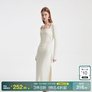 o区绫致ONLY2025夏季 新款 简约复古方领垂感开衩长裙连衣裙女时尚