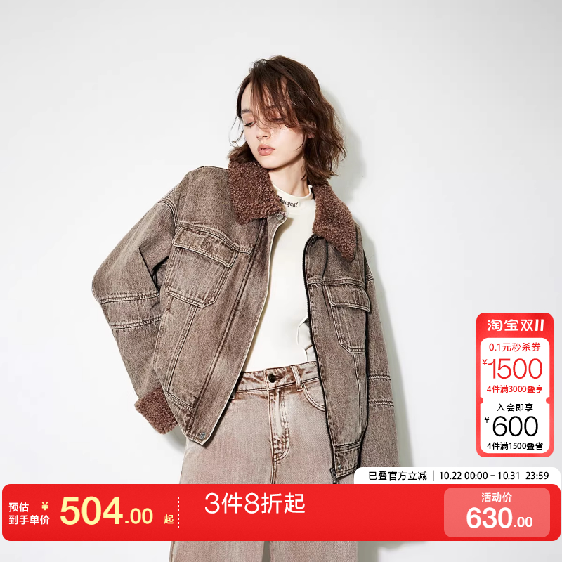 o区绫致ONLY秋冬新款时尚复古纯棉宽松落肩牛仔棉服外套女潮