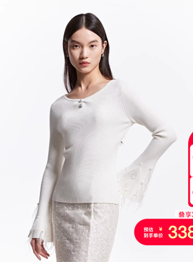 vq区绫致Vero Moda针织衫25春夏喇叭袖钉珠羽毛装饰针织衫名媛